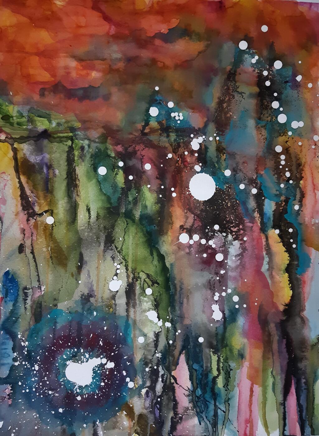 An abstract painting, multicoloured, overlapping colours, with splotches of white strewn throughout.